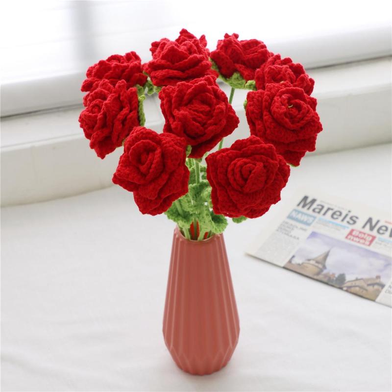 Artificial Rose Bouquet without Vase, 12pcs Handmade Woven Artificial Flower, Decorative Flower for Home Party & Wedding, Flowers Bouquet Bedroom Decor, Roses Bouquet  Flower Arrangement