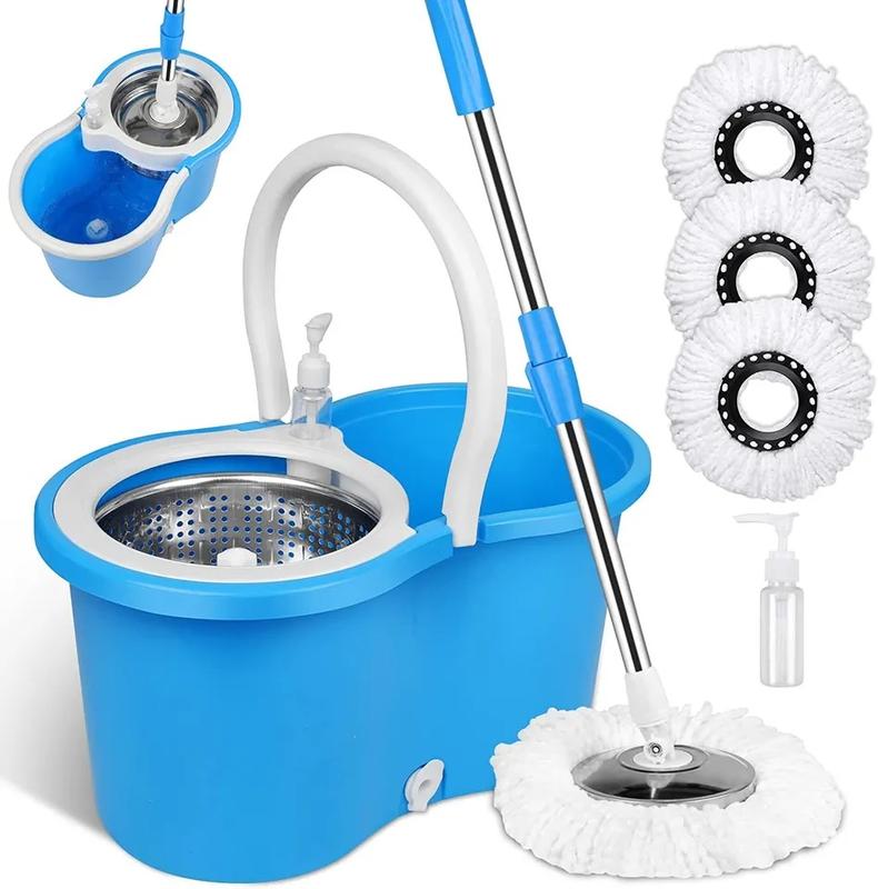 Spin Mop and Bucket Wrings Set with 3 Microfiber Refills, 61'' Adjustable & ExtendableStainless Steel Pole Rod Household Cleaning Plastic items Box