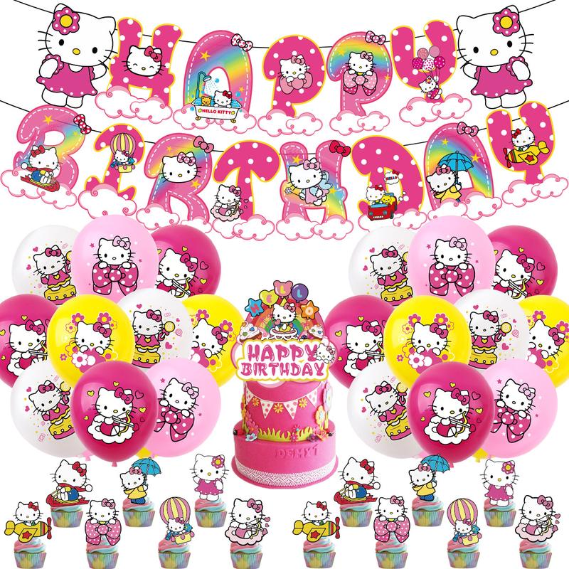 Hello kitty theme birthday party supplies KT cat flag banner balloon cake insertion decoration set