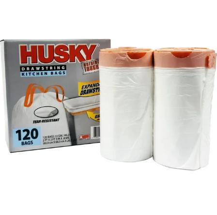 Husky Tall Kitchen White Trash Bags, 13 Gallon, 120 Bags (Expandable Drawstring, 20% PCR)