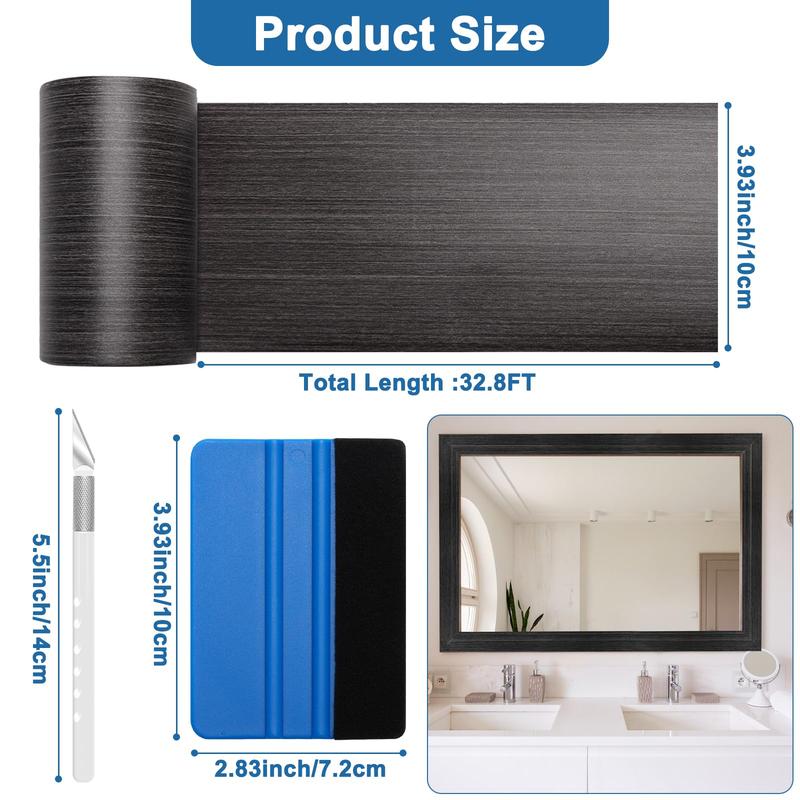 32.8FT Mirror Frame Border,Mirror Border Peel and Stick,Bathroom Wood Waterproof Removable Mirror Tape Border with Scraper and Craft Knife,Household Mirror Trim