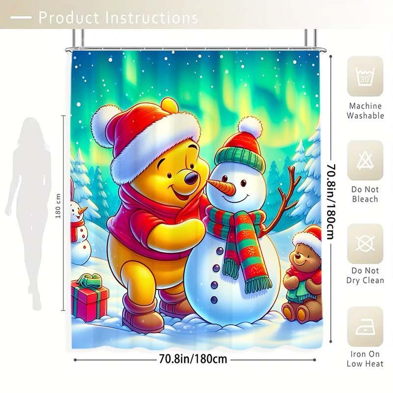 Winnie The Pooh & Snowman Pattern Shower Curtain, 1 Count Waterproof Bathroom Curtain with Hooks, Bathroom Decor Supplies for Home Hotel Salon