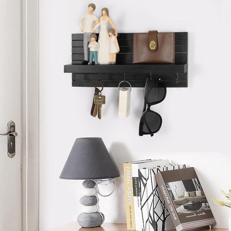 Decorative Key Holder for Wall with Shelf, Entryway Shelf with Hooks Holds Leashes, Jackets and Glasses – Sturdy Wood Keyholder Entrance Hanger with Mounting Hardware (11.8” x 5.5” x 3.1”) (Black) Shelves Hanging