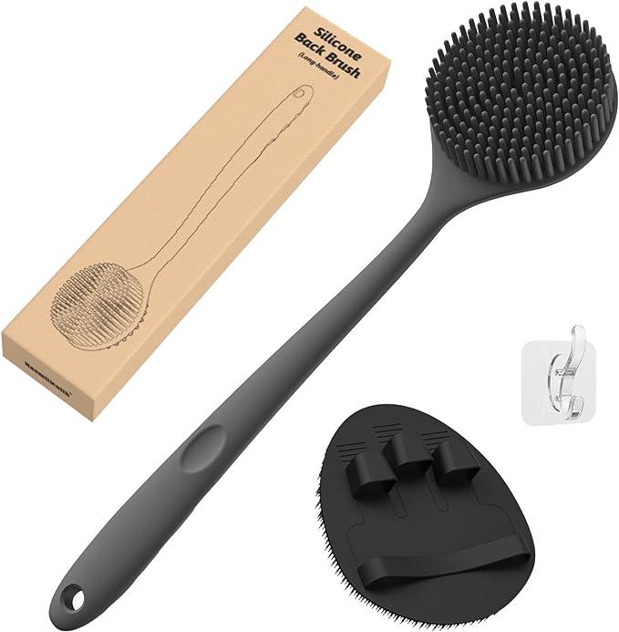 Silicone Back Scrubber(Thick Bristles) & Soft Bath Glove Set, Super-Exfoliating Body Scrubber & Super-Lathering Shower Brush Combination, with a Free Hook.(Black)