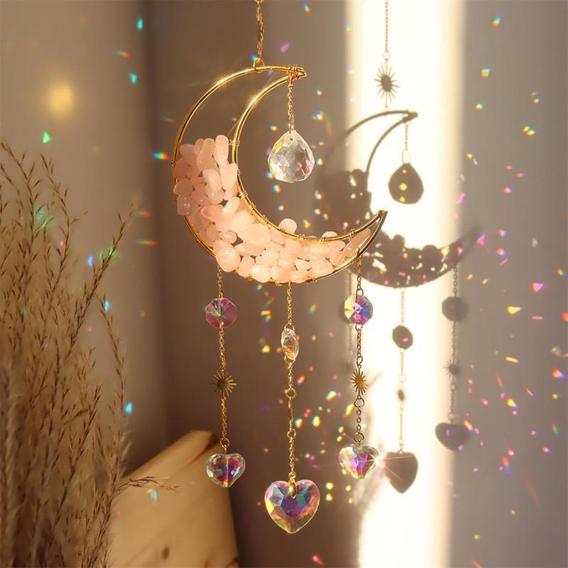 Sun Catcher Hanging Decor, 1 Count Moon Shaped Sun Catcher with Tassel, Hanging Ornament for Home Living Room Bedroom, Home Decor