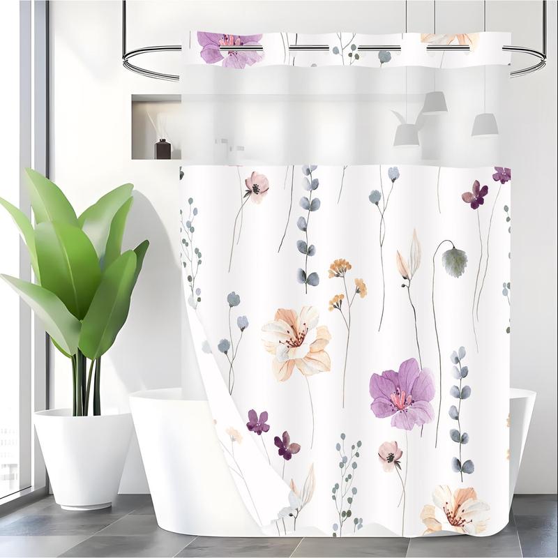 Floral Print Shower Curtain, 1 Count Waterproof Shower Curtain with Hooks, Bathroom Curtain, Bathroom Supplies for Home Use