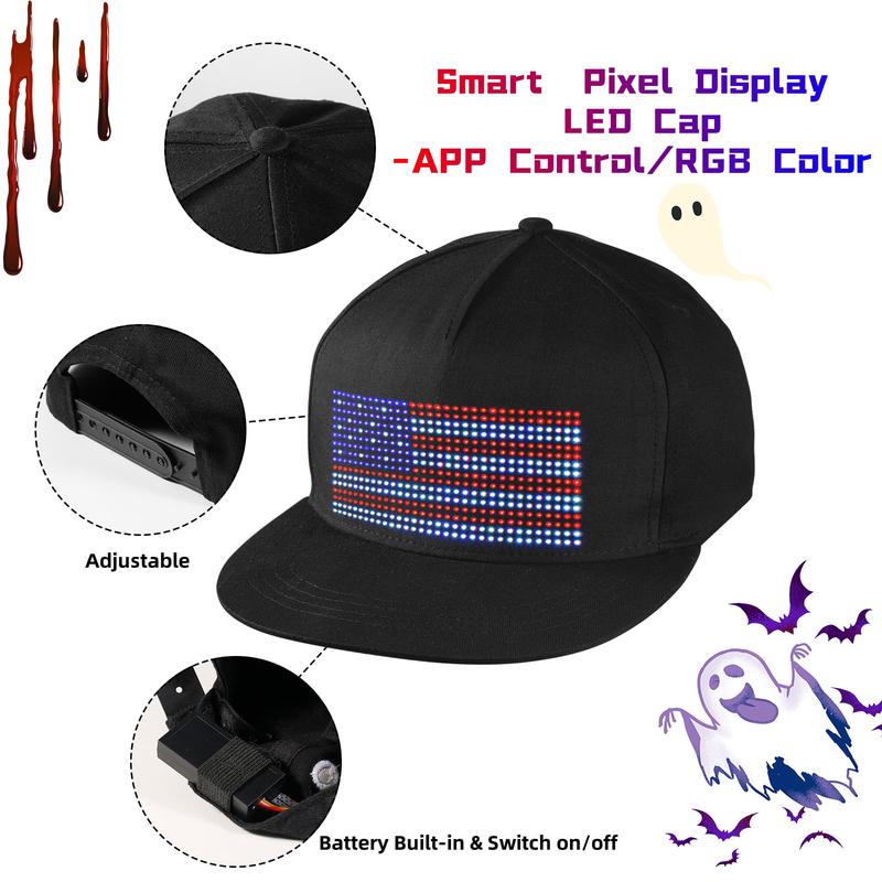 LED Display Hat Programmable Pattern Gif Baseball Cap for Men and Women Halloween Party Club Logo Help Street Parade Sun Protection Gift Mask (Black)