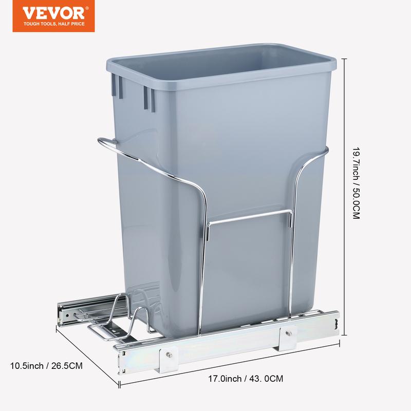 VEVOR Pull-Out Trash Can, 29L Single Bin, Under Mount Kitchen Waste Container with Slide and Handle, 110 lbs Load Capacity Heavy Duty Garbage Recycling Bin for Kitchen Cabinet, Sink, Under Counter Smooth