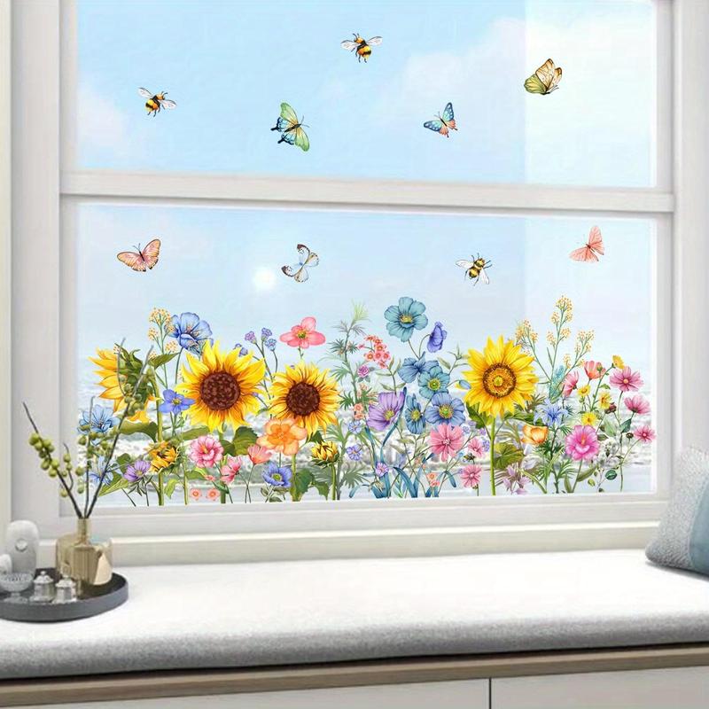 Flower Pattern Window Sticker, Removable Self-adhesive Window Decal, Sunflower Pattern Window Sticker, Home Office Window Decor