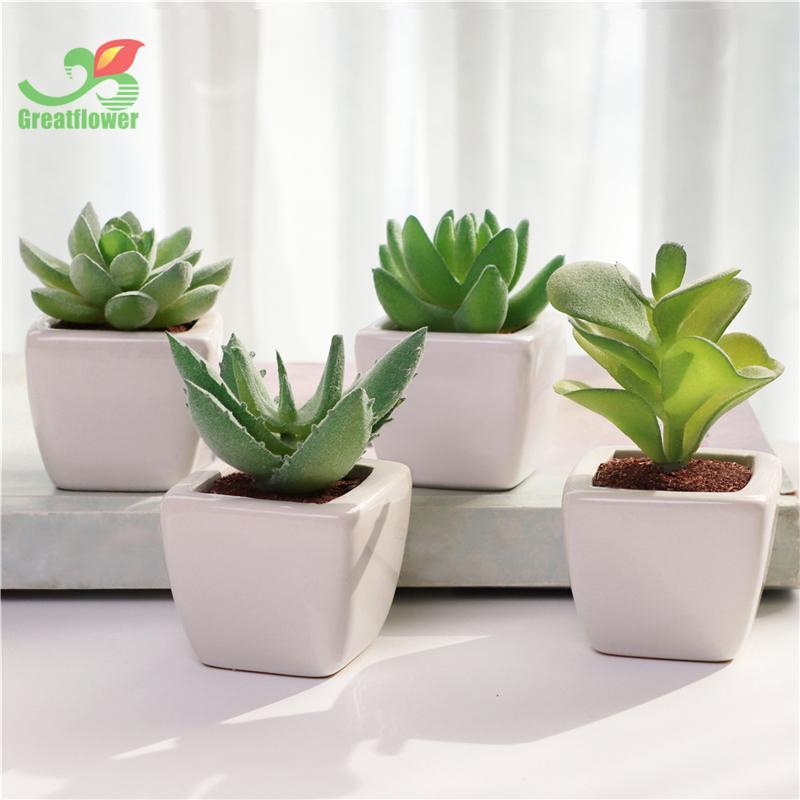 Artificial Potted Succulent, 4pcs Desktop Mini Decorative Simulation Plant Decoration, Mini Plastic Faux Bonsai Ornaments for Home Decor