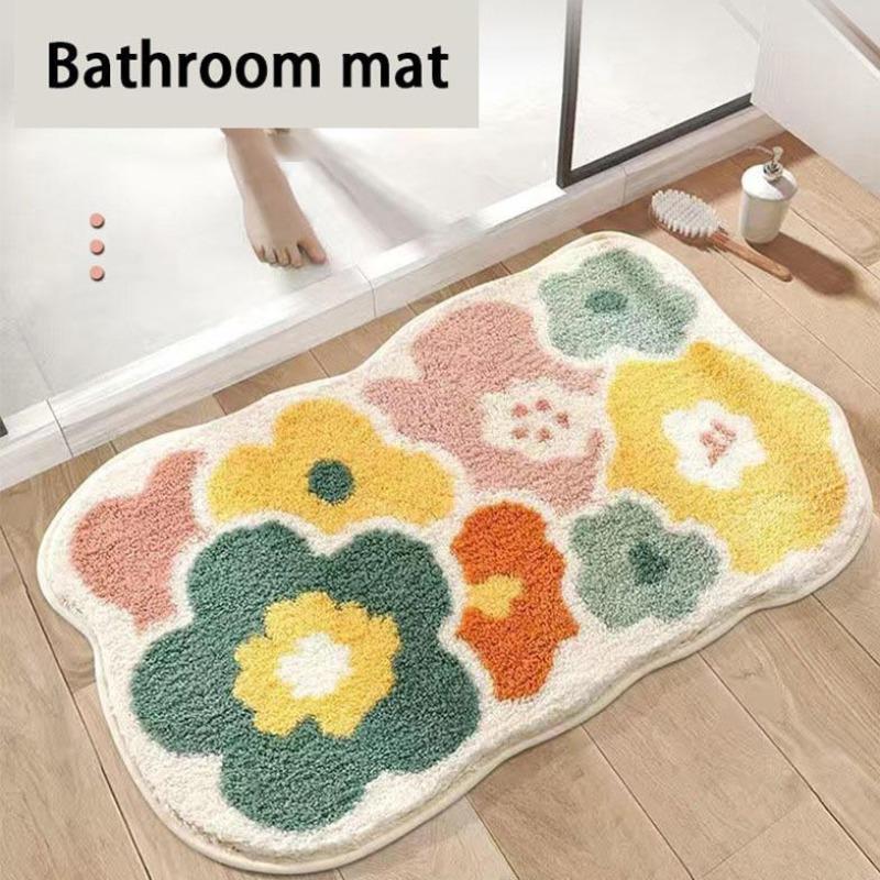 Flower Pattern Bath Mat, 1 Count Non-slip Soft Absorbent Bath Rug, Rectangle Floor Mat for Bathroom Home Dormitory Decor