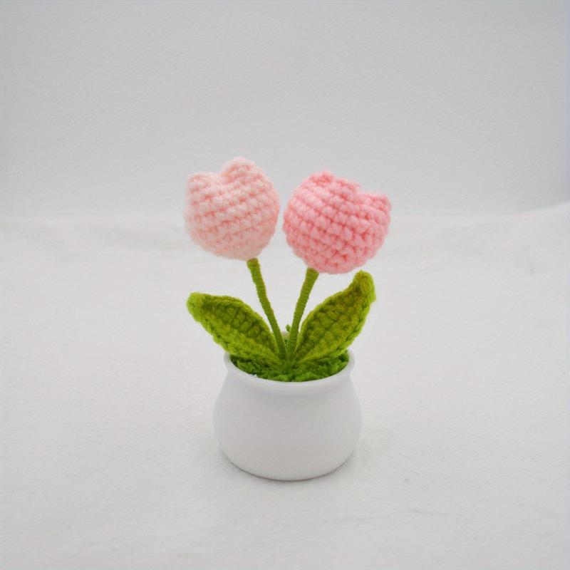 Crochet Tulip Flower Potted Plant Ornament, 1 Count Handmade Knitted Tulip Flower Ornament, Decorative Flower for Home & Car, Home Decor