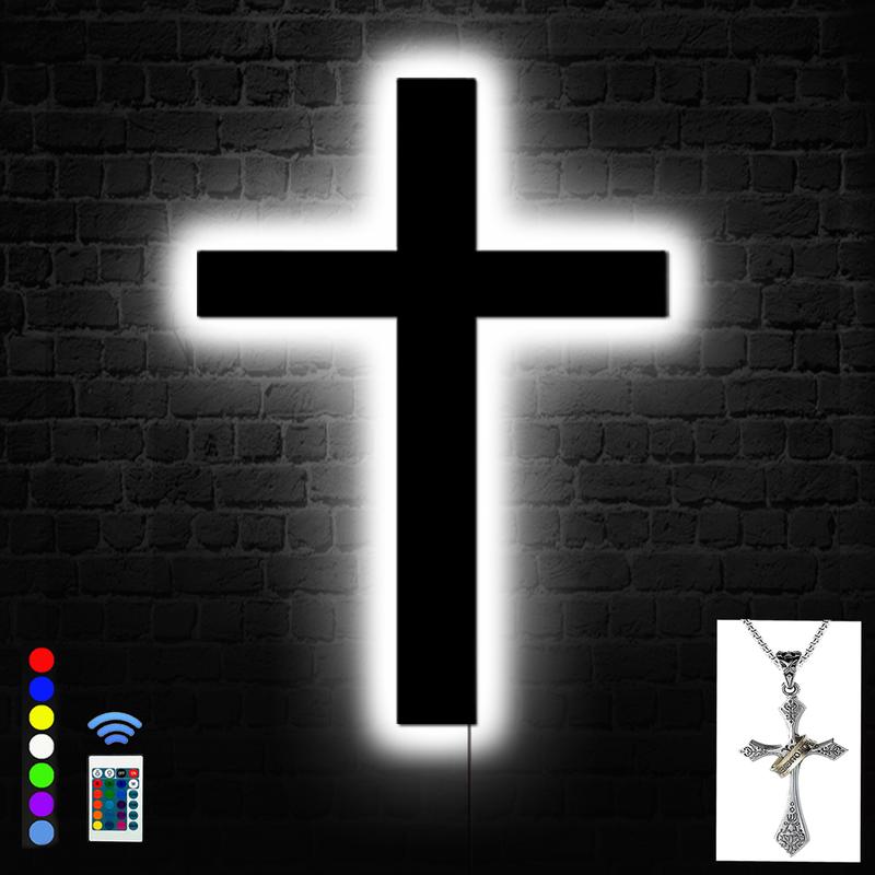 Cross for Wall Decor with Cross Necklace Chain Christianity Christian Gifts Jesus Stuff Crucifix Signs Aesthetic Rustic Home Bedroom Room Decor 16 Colors Remote for Party Catholic Decoration Christianity