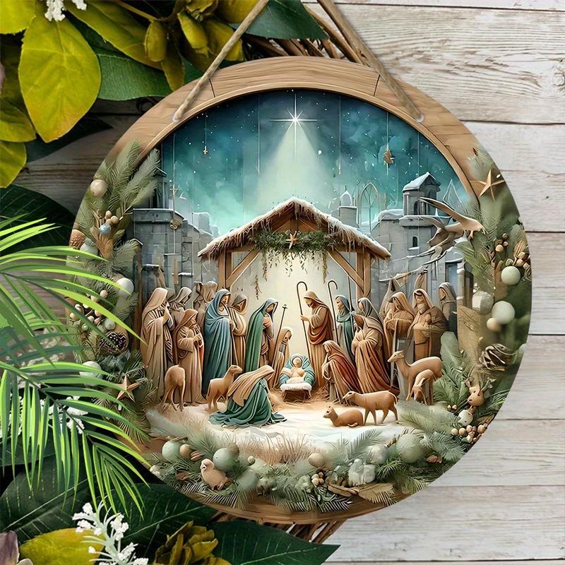 Wooden Nativity Scene Sign, Round Guard Jesus Sign, Wall Hanging Decor for Church Door, Festive Decorations, Ideal Gift for Christian