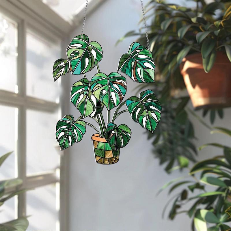 Potted Plant Design Hanging Ornament, 1 Count Creative Design Acrylic Decor, Suitable for Home, Office Or Garden, Unique Leaf Acrylic Decoration