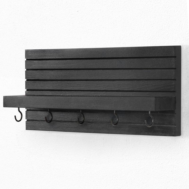 Decorative Key Holder for Wall with Shelf, Entryway Shelf with Hooks Holds Leashes, Jackets and Glasses – Sturdy Wood Keyholder Entrance Hanger with Mounting Hardware (11.8” x 5.5” x 3.1”) (Black) Shelves Hanging