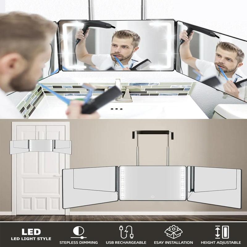 360 Degree LED Mirror, 1 Box 3 Way Mirror for Hair Cutting, Height Adjustable Telescoping Hook, Hair Cutting Mirror for Men Women