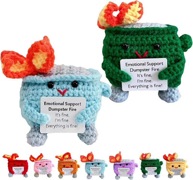 7 pcs a pack Emotional Support Crochet Dumpster Fire with Positive Card Cute Room Decor,Christmas Gift For Friends,Christmas Decoration