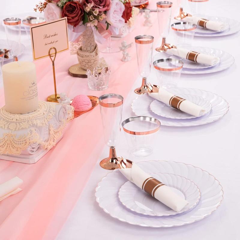 Wellife 350PCS Rose Gold Gold Plastic Plates-Disposable White and Rose Gold Plates include 100Plates,50 Pack Pre Rolled Napkins with Rose Gold Plastic Silverware and 50Cups Perfect for Wedding Parties