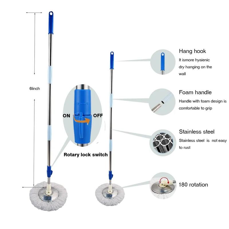 Spin Mop and Bucket Wrings Set with 3 Microfiber Refills, 61'' Adjustable & ExtendableStainless Steel Pole Rod Household Cleaning Plastic items Box