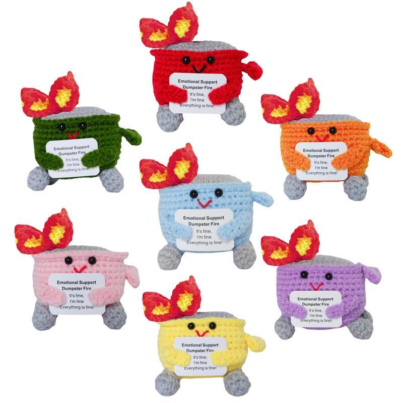 7 pcs a pack Emotional Support Crochet Dumpster Fire with Positive Card Cute Room Decor,Christmas Gift For Friends,Christmas Decoration