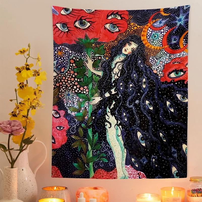 Psychedelic Girl Tapestry Wall Hanging Botanical Celestial Floral Tapestry Hippie Eye Wall Carpets Dorm Decor Starry SkyCarpet Flowers