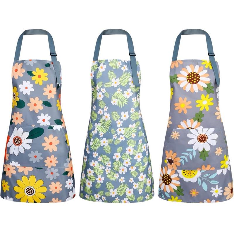 3 Pack Floral Aprons with Pocket, Blooming Womens Aprons Waterproof Adjustable Cooking Aprons for Kitchen Gardening and Salon