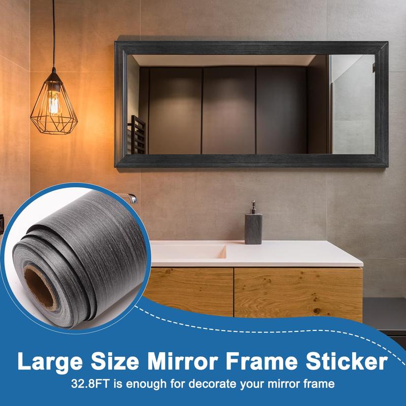 32.8FT Mirror Frame Border,Mirror Border Peel and Stick,Bathroom Wood Waterproof Removable Mirror Tape Border with Scraper and Craft Knife,Household Mirror Trim