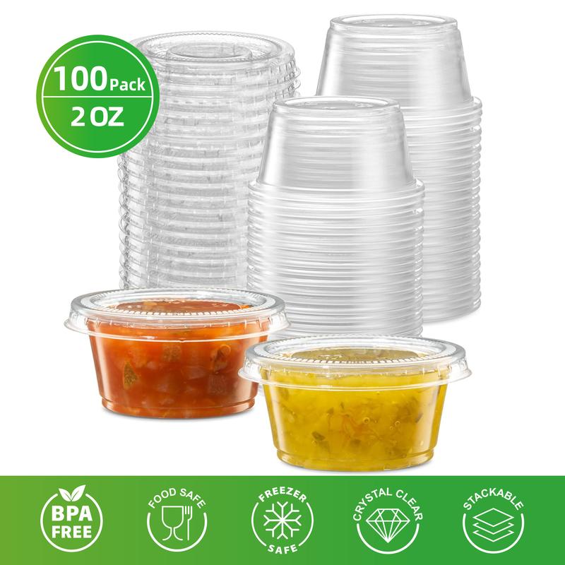 200-Pack Clear Disposable Plastic Portion Cups with Lids - Jelly Cups, Dipping Sauce and Condiment Cups,Salad Dressing Containers for Jam, Sauces.