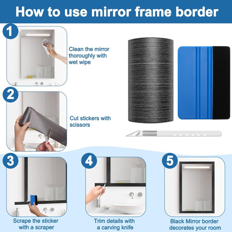 32.8FT Mirror Frame Border,Mirror Border Peel and Stick,Bathroom Wood Waterproof Removable Mirror Tape Border with Scraper and Craft Knife,Household Mirror Trim