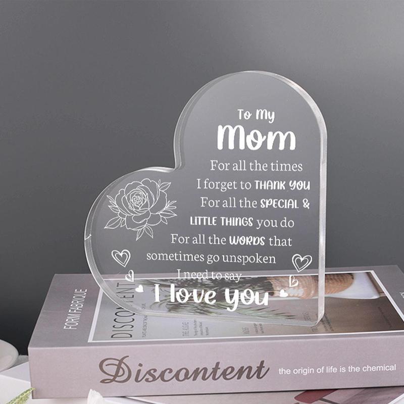 Heart Shaped Acrylic Block, Flower & Letter Pattern Decorative Ornament, Inspirational Creative Gift for Mom Room Decoration