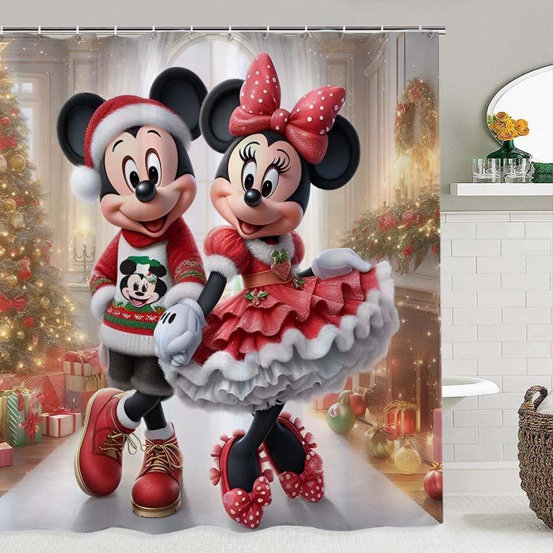 Cartoon Mickey & Minnie Pattern Shower Curtain, 1 Count Waterproof Bathroom Curtain with Hooks, Bathroom Decor for Home Hotel Salon