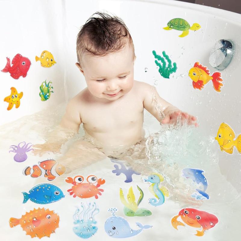 Bathtub Non-Slip Stickers for Shower - 20 PCS Large Anti-Slip Cute Sea Creature Stickers with Scraper for Kids Bath Tub and Slippery Shower Floor, Perfect Bathroom Decor