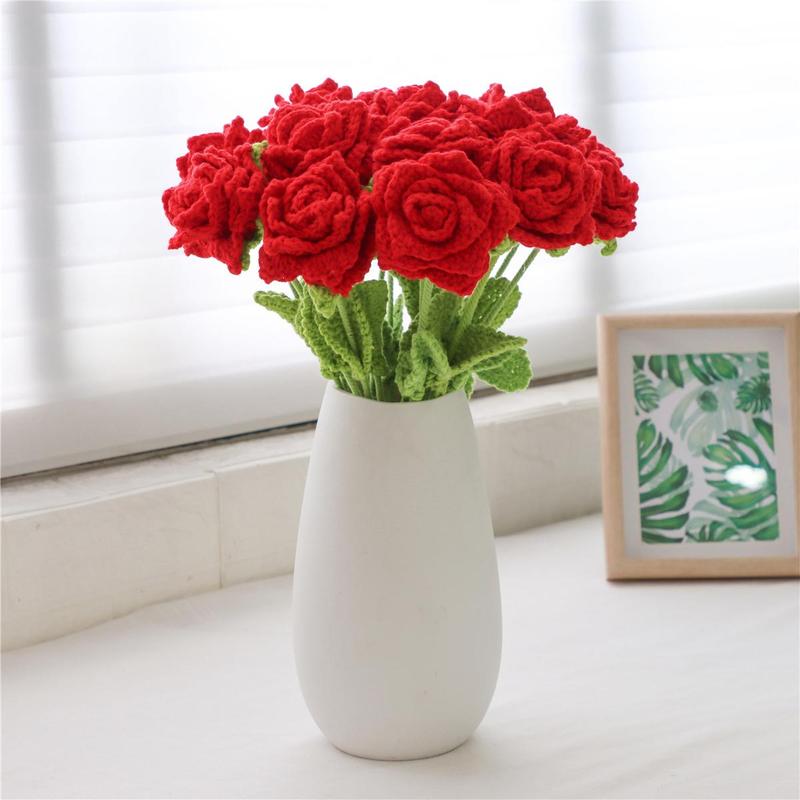 Artificial Rose Bouquet without Vase, 12pcs Handmade Woven Artificial Flower, Decorative Flower for Home Party & Wedding, Flowers Bouquet Bedroom Decor, Roses Bouquet  Flower Arrangement