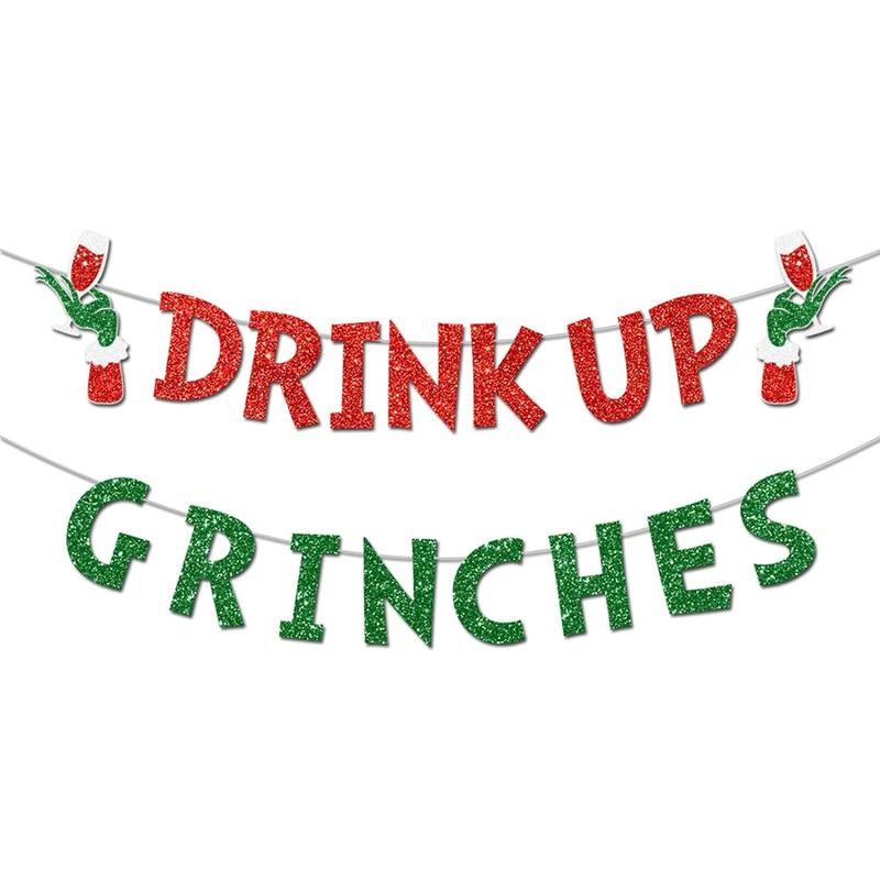 Drink Up Grinches Banner, Glittery Christmas Decorations Banners Winter Holiday Garland Photo Props Banner for Party Home Decorations