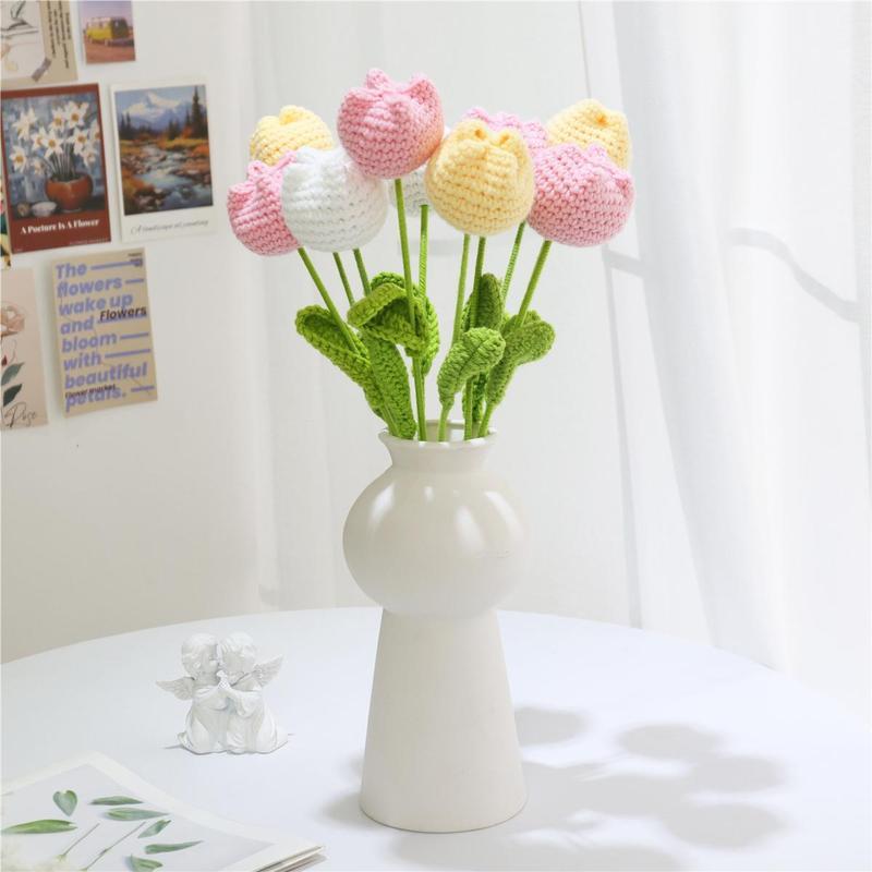 Room Decor Crochet Tulip without Vase, 10pcs set Artificial Flower, Summer Flowers Bouquet, Home Decor Supplies for Living Room Bedroom Dining Room Wedding Party, Fall Decor, Fall Decor