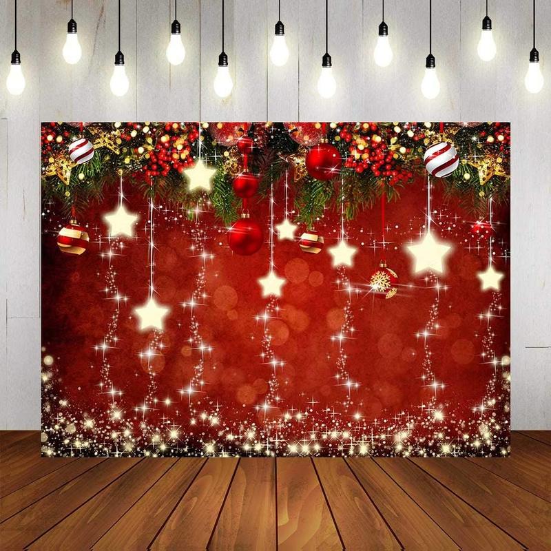 Red Christmas Theme Sparkling Photography Backdrops Snowflake Xmas Ball 5x3ft Happy New Year Family Party Decoration Photo Star Background   Portrait Photo Booth Studio Props Banner