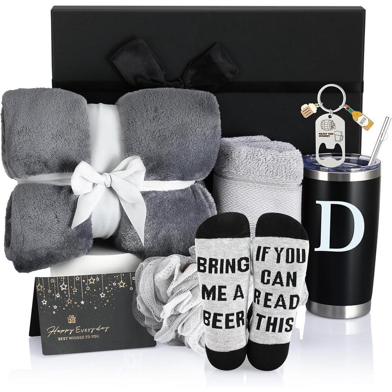 7 count Initial Thanksgiving Gifts for Men Get Well Soon Gift Basket Monogram Box Gift Set for Him Husband Boyfriend Dad Groomsman Coworker Retirement Birthday Christmas Tumbler Gift Set(D)