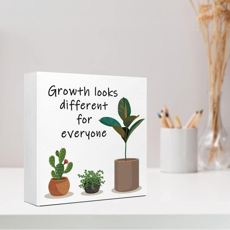 Plant Pattern Wooden Block Sign, 1 Count Plant & Motivational Wooden Sign, Desktop Ornament for Home Office, Inspirational Gift for Coworker Friend