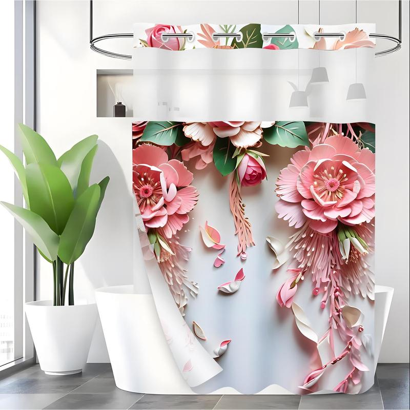 Floral Print Shower Curtain, 1 Count Waterproof Shower Curtain with Hooks, Bathroom Curtain, Bathroom Supplies for Home Use