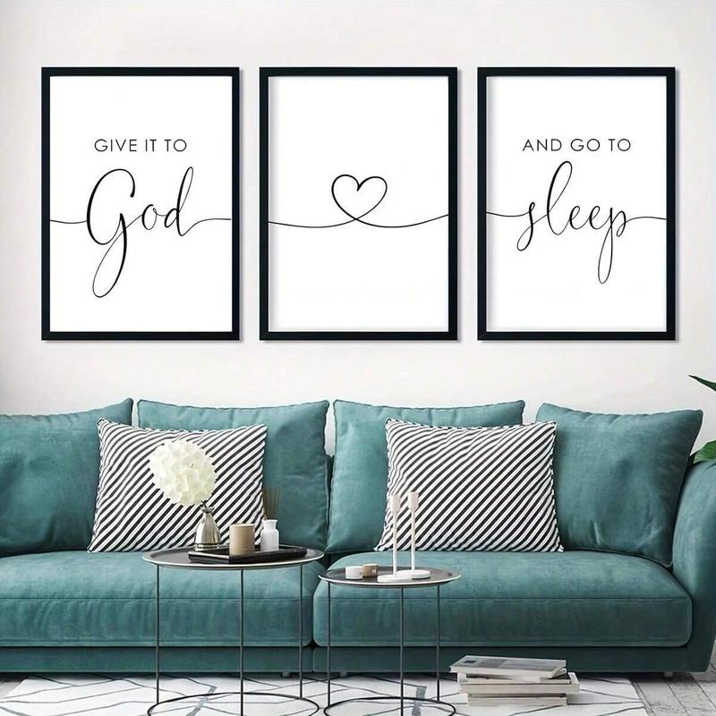 Bible Verse Themed Canvas Painting without Frame, 3 Counts set Give It To God and Go To Sleep Letter & Heart Pattern Wall Art, Wall Decor for Home Bedroom