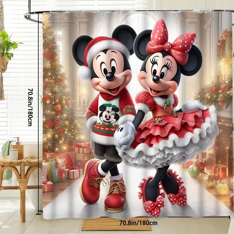 Cartoon Mickey & Minnie Pattern Shower Curtain, 1 Count Waterproof Bathroom Curtain with Hooks, Bathroom Decor for Home Hotel Salon