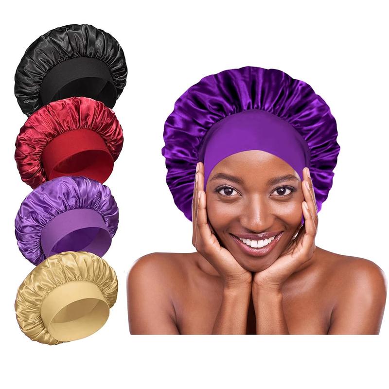 4 count Silk Satin Bonnets for Sleeping - Elastic Wide Band Silk Hair wrap Bonnets for Sleeping Black Women Men,Silk Bonnets for Curly Hair,Large Hair Cap for Sleeping (Black+ Red+Purple+Brown)