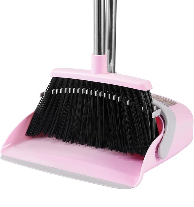 Broom and Dustpan Set, Outdoor Broom Dustpan Combo Set Home Commercial Cleaning Supplies Angle Broom with Long Handle Perfect for Courtyard Garage Street Pink