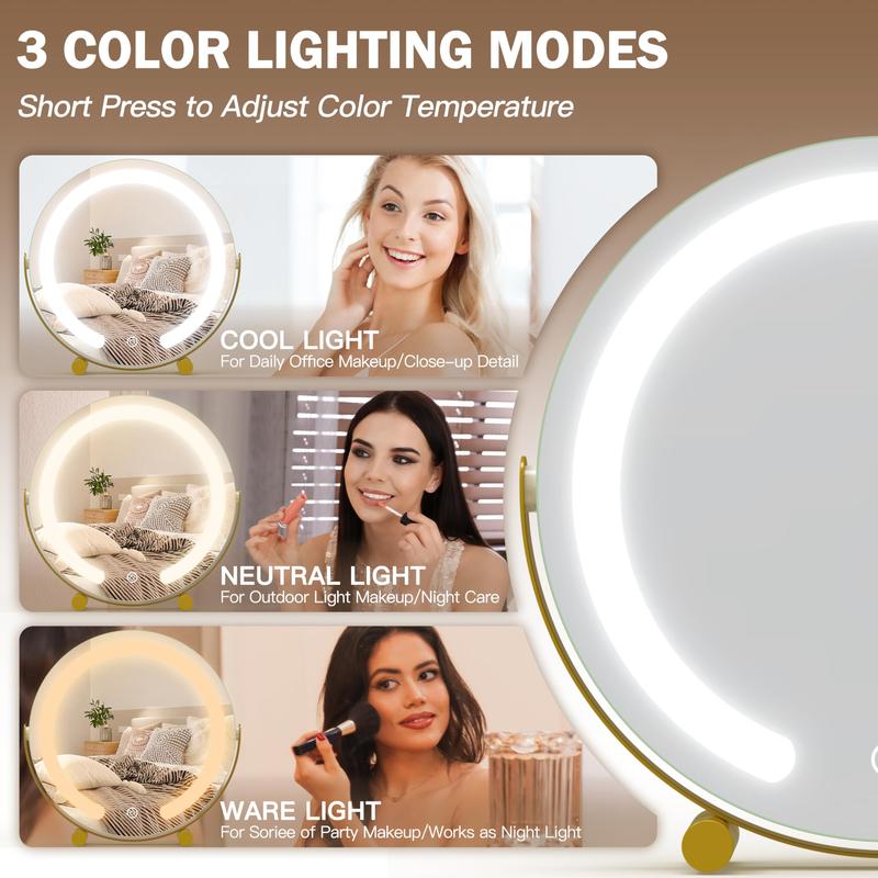 FENNIO Gold Vanity Mirror, 12 Inch Makeup Mirror with Lights, Large Lighted Vanity Mirror, Light Up Mirror with Smart Touch 3 Colors Dimmable, Tabletop Mirror, 360° Rotation Decor Gift