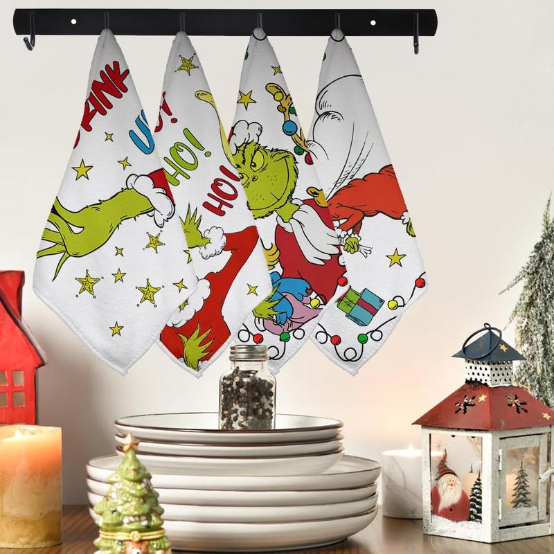 Christmas Kitchen Towels Set of 4 Merry Christmas Dish Towels  Year Winter Xmas Kitchen Decor Green  Christmas Decorations for Home Party-14x14 Inch