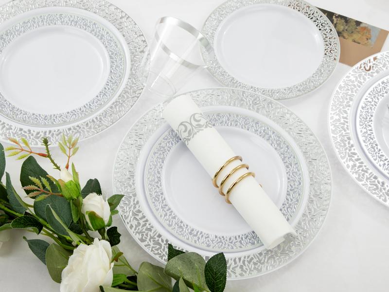 Wellife 350 700pcs Silver Gold Rose Gold Party Plates for 50 Guests, Silver Wedding Plates Disposable Heavy Duty, Including :50 Dinner Plates, 50 Dessert Plates, 50 Cups, 50 Napkins, 50 Sliver Silverware Set