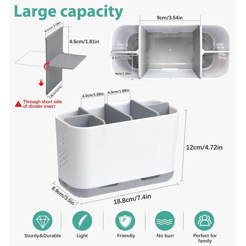 Toothbrush and Toothpaste Holder Drainage for Bathroom Countertop with Adjustable Dividers , Large Toothpaste Caddy Organizer Storage Rustic Decor Set Anti- slip for Shower,Family -  Gray