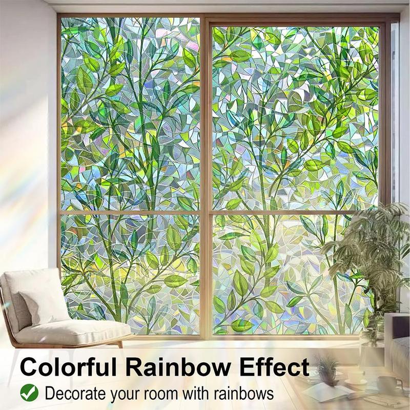 3D Laser Leaf Branch Pattern Double Sided Static Cling Glass Film, 1 Roll Self Adhesive Window Sticker, Home Decor for Living Room Bedroom