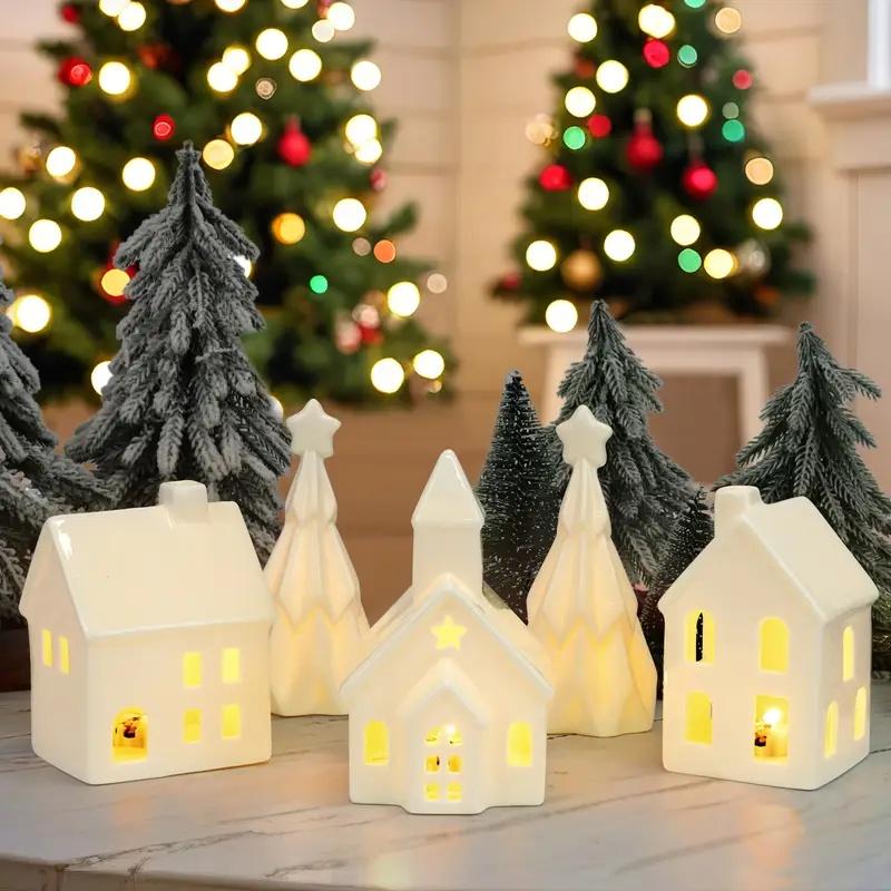 5 pcs Ceramic Christmas Village Set - Includes 3 Illuminated Houses & 2 Trees with Battery Powered LED Lights - Festive Holiday Decor for Christmas, Thanksgiving & Hanukkah - Gift-Ready Centerpiece Decoration